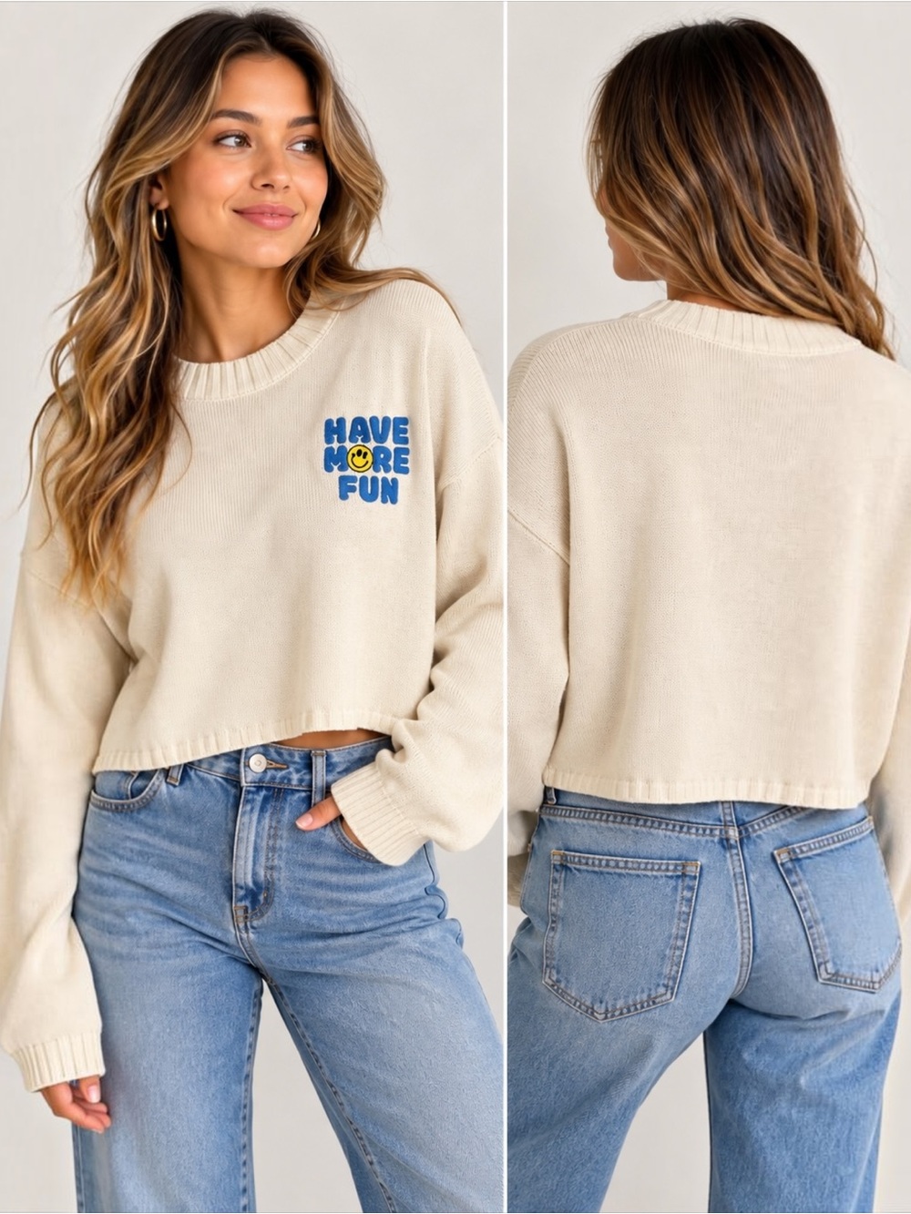 Sincerely Jules Have More Fun Smiley Cropped Sweater Women M Cream NWT